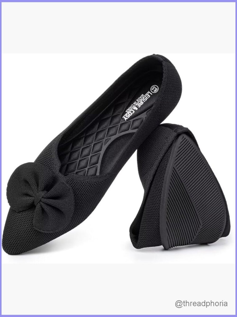 Pointed Toe Ballet Flats with Bow - Comfortable Knit Slip-on Shoes - Dressy